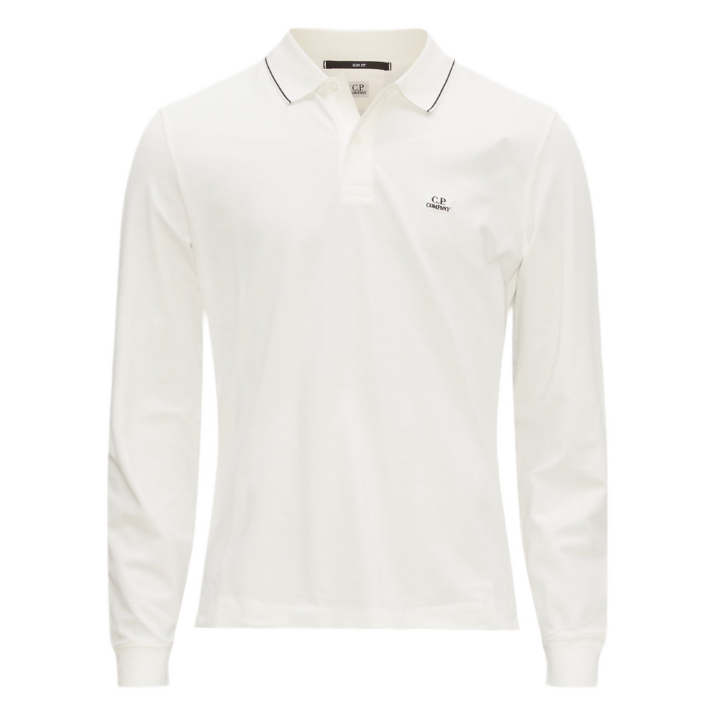Cp Company 070A Slim Fit Long Sleeve Stretch Piquet Polo Shirt in White